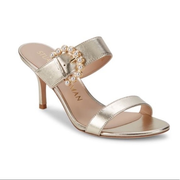 Stuart Weitzman Embellished-Buckle Metallic Leather Sandals - Picture 8 of 11